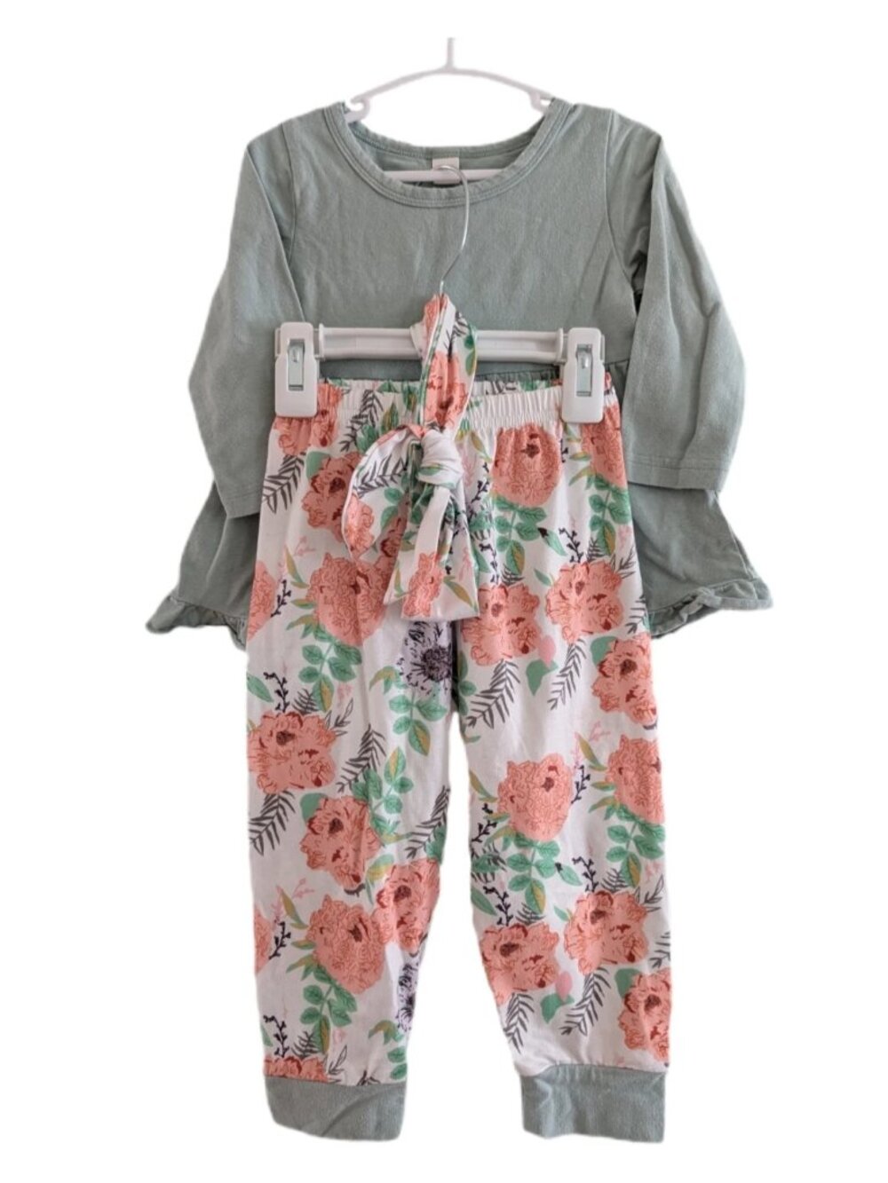 Kids Floral Set | Green Long Sleeve Shirt & Floral Pants with Bow